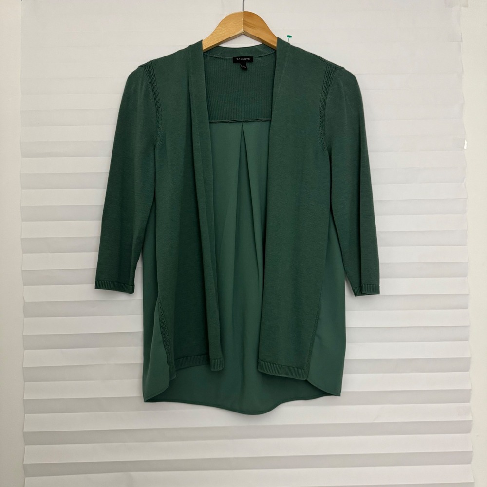 Talbots Womens Green Mixed Media Open Front Cardigan Pleated Back Size S Chic